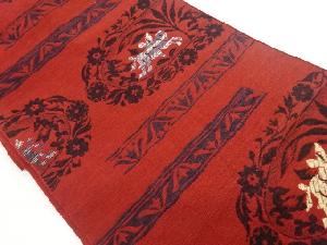 手織り紬変わり横段に草花・動物模様織出し名古屋帯